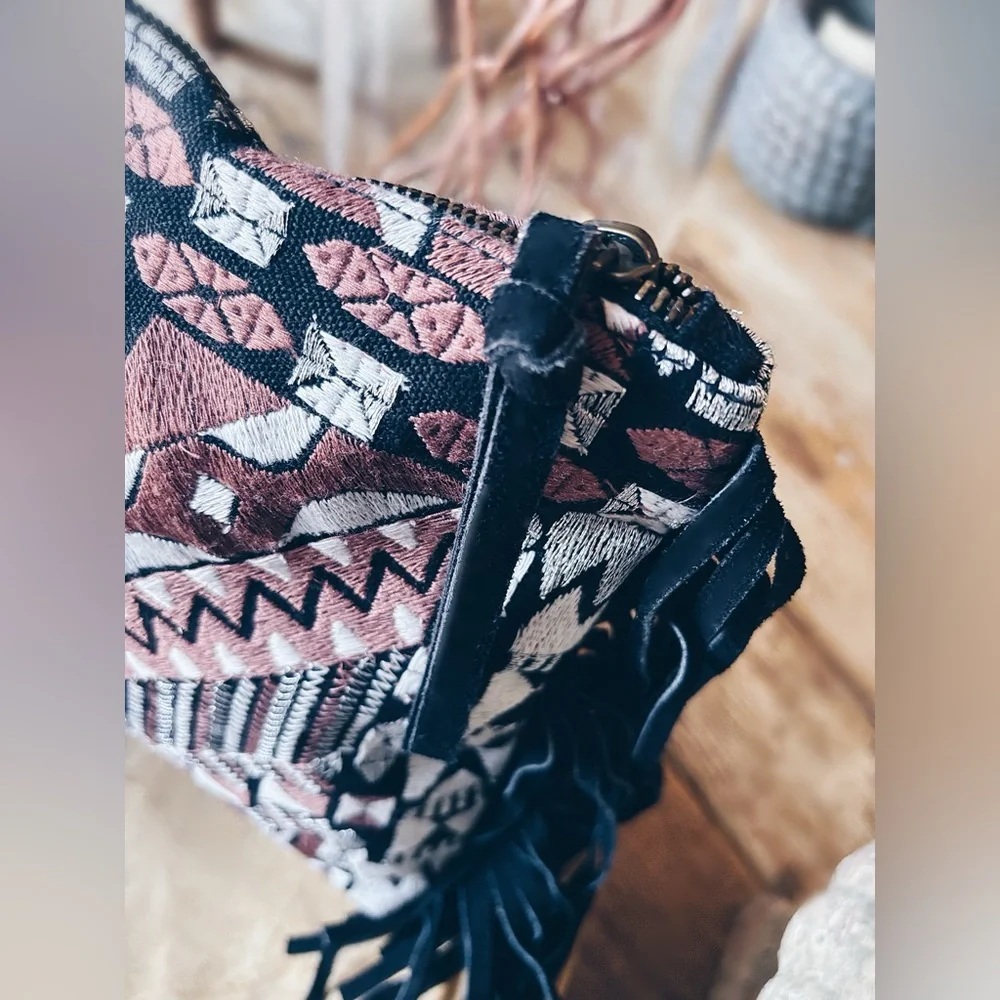 Clutch ELEVATED BOHO Tapestry & Suede Fringe Clutch with Metallic Thread